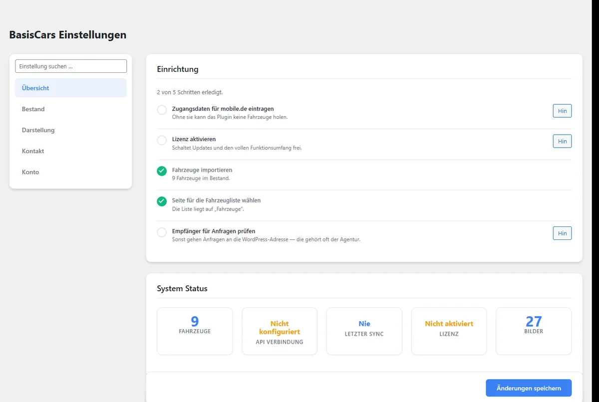 BasisCars im WordPress-Backend: Einrichtungs-Checkliste und Systemstatus