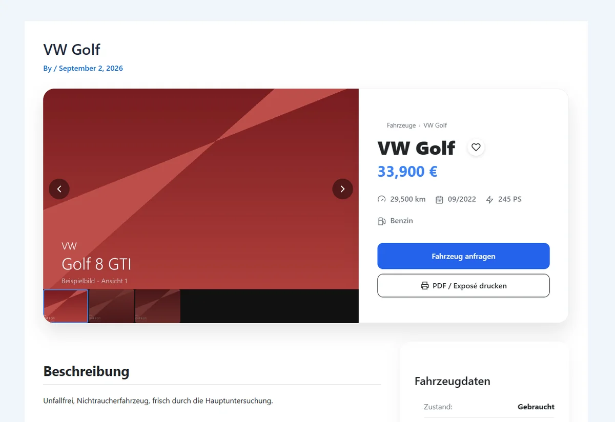 Fahrzeug-Detailseite mit Galerie, Fahrzeugdaten und Anfrageformular