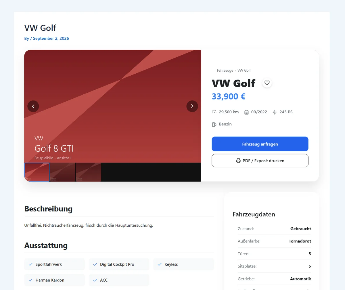 Fahrzeug-Detailseite mit Galerie, Daten und Anfrageformular