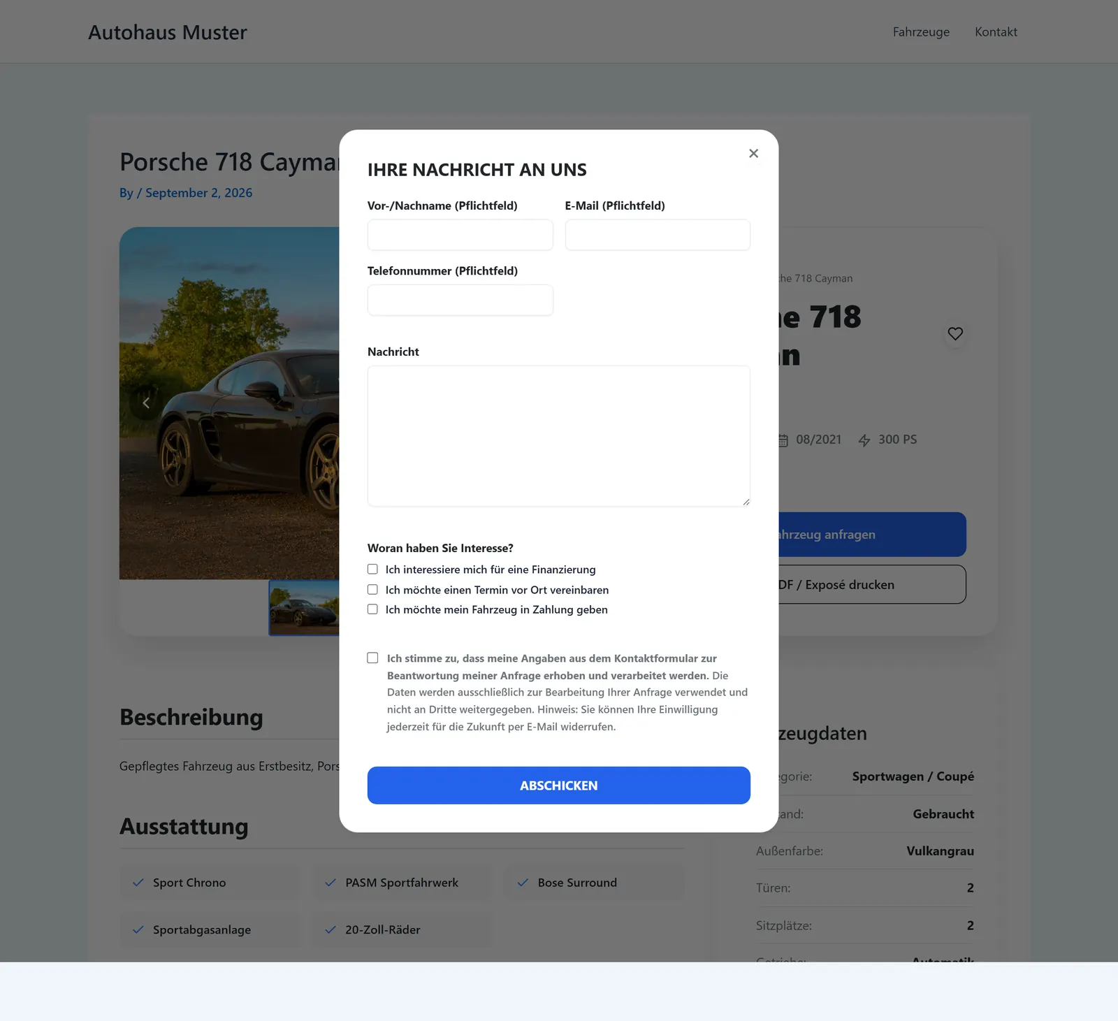 Anfrageformular als Popup über der Fahrzeugseite