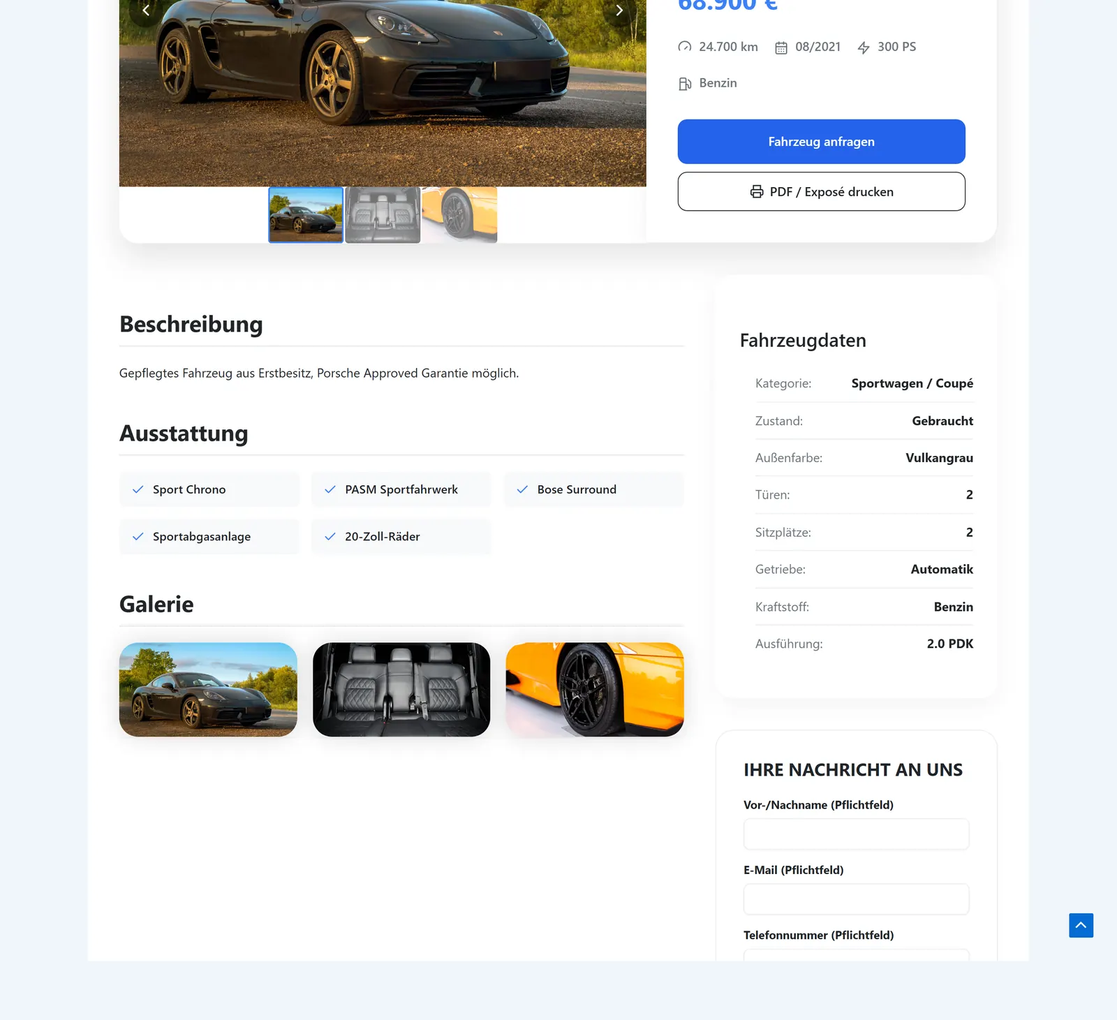 Fahrzeugseite mit dem Anfrageformular als letztem Block der Spalte