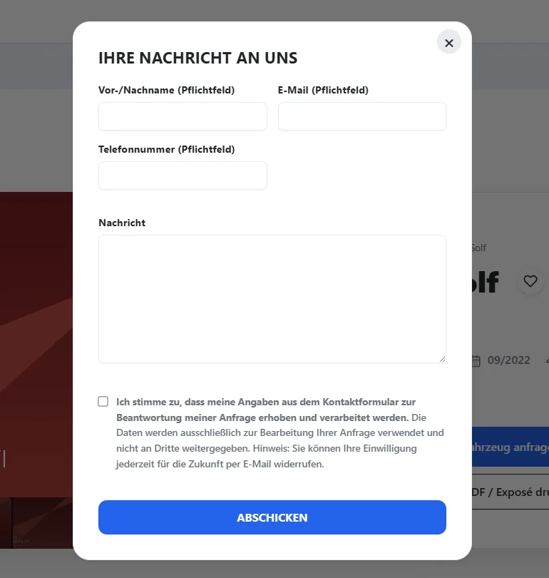 Anfrageformular als Popup ueber der Fahrzeugseite