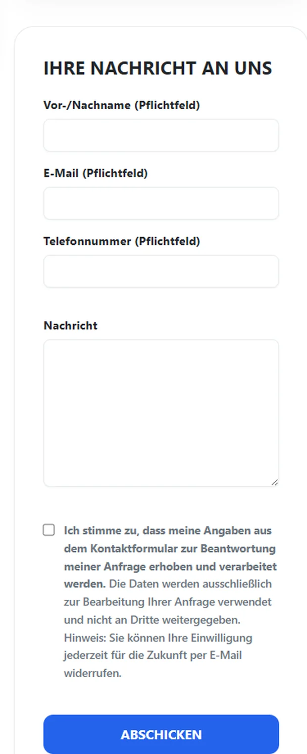 Anfrageformular als Kasten am Ende der Fahrzeugseite