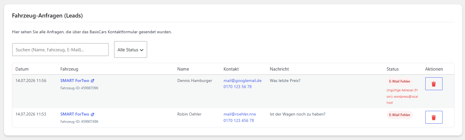 Fahrzeug Anfragen