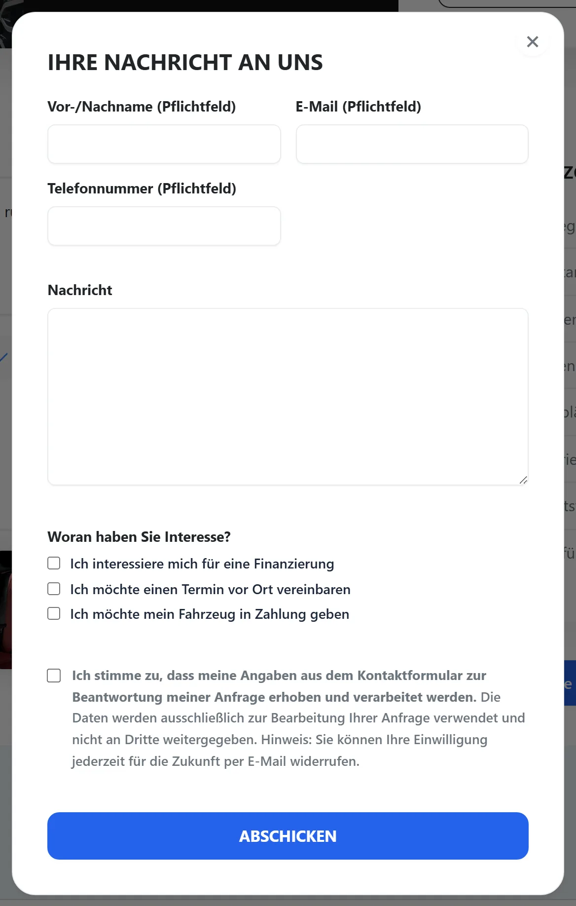 Anfrageformular als Popup über der Fahrzeugseite