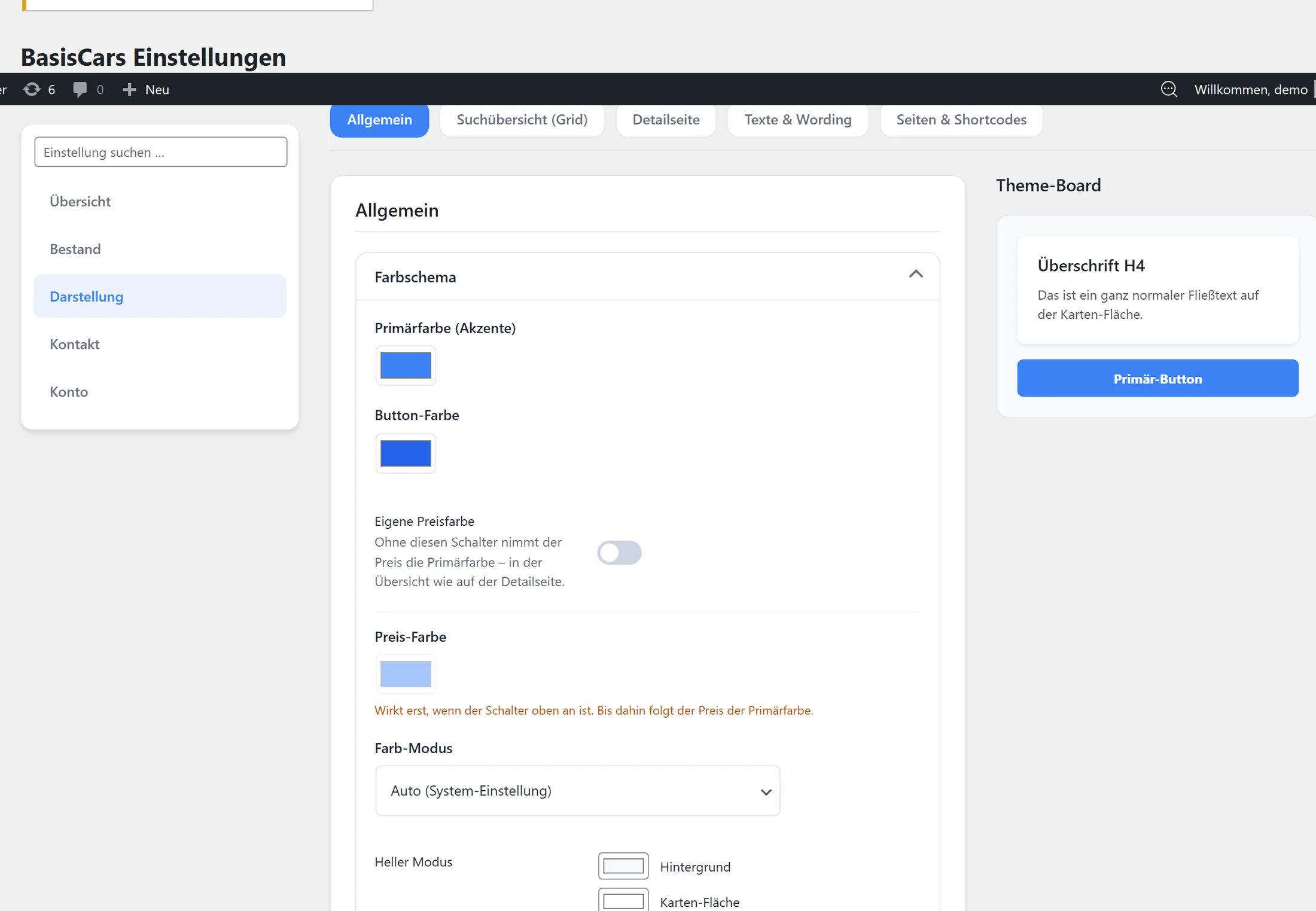 Einstellungen im Backend