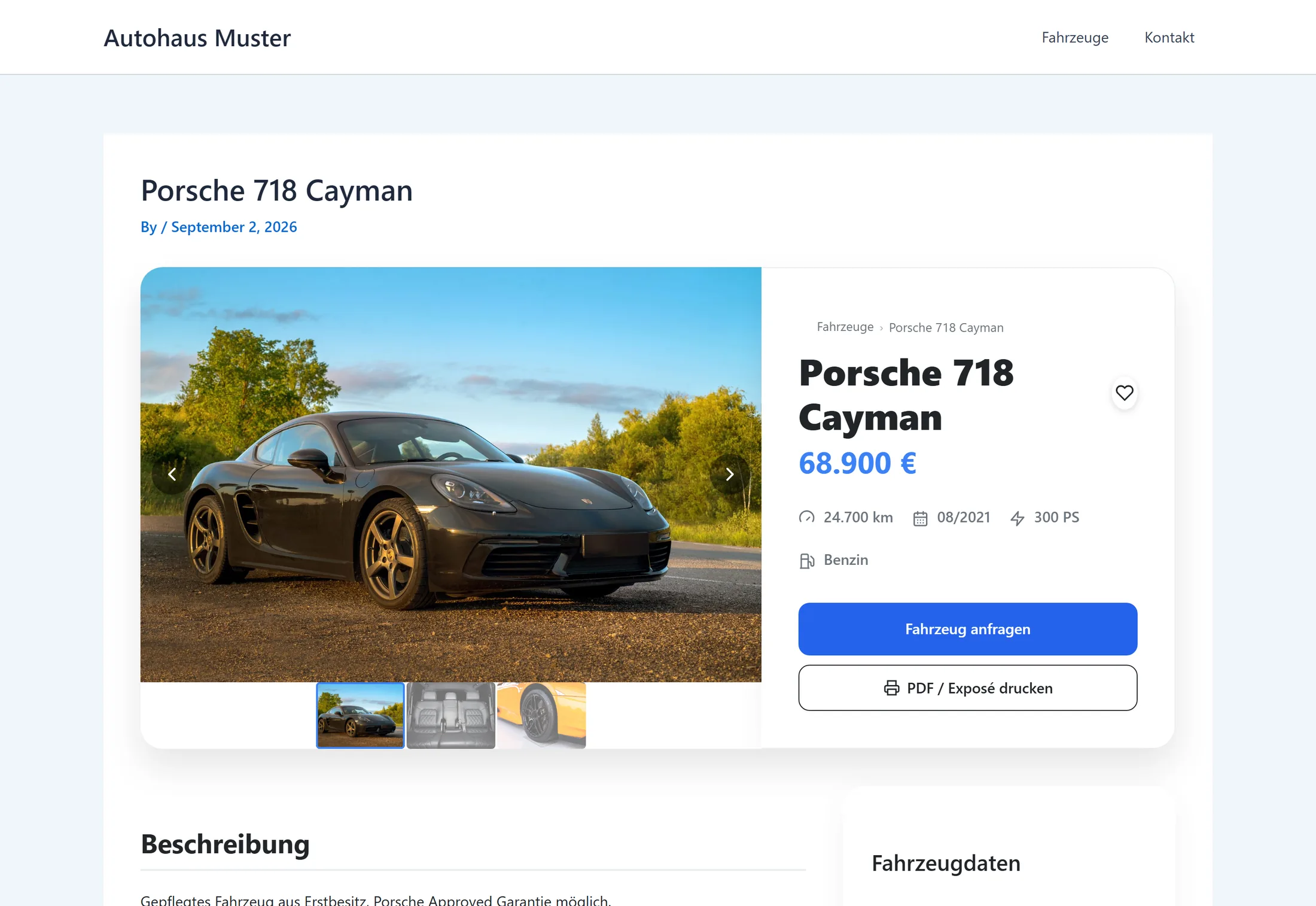 Fahrzeugseite mit Galerie und Daten