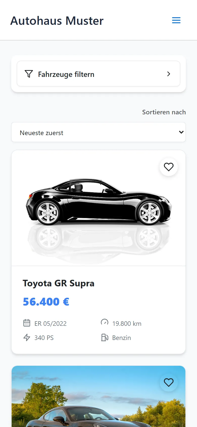 Die Fahrzeugliste auf einem Telefon