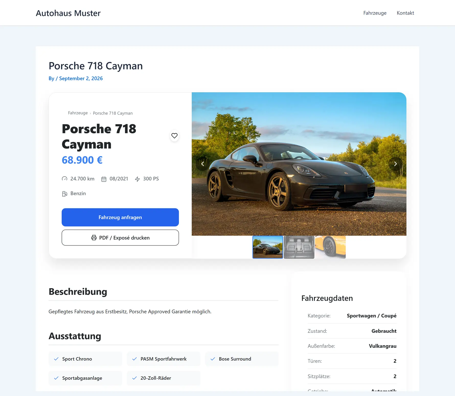 Fahrzeugseite mit Preis links und Foto rechts