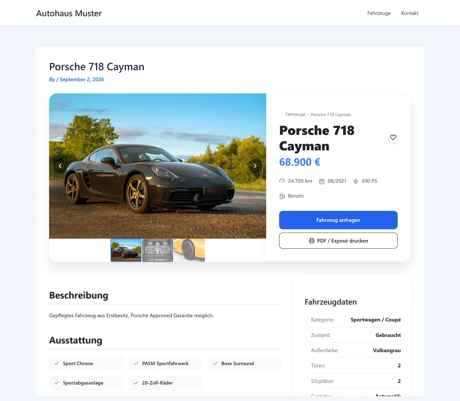 Fahrzeugseite mit Foto links und Preis rechts